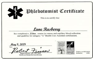 Lane's certificate for completing a phlebotomy course
